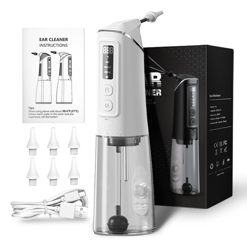 Electric Handheld Ear Syringe Water Flush Ear Wax Remover IPX7 Waterproof Digital Screen 6 Tips Rechargeable Ear Cleaning Kit